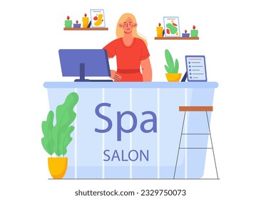 Woman at SPA reception concept. Young girl seller stands with cosmetic products. Body creams and sprays. Skincare and beauty treatments. Wellbeing and relax. Cartoon flat vector illustration