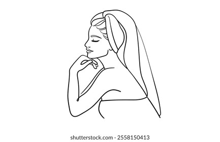 Woman in spa salon continuous line art drawing isolated on white background. Self care and beauty. Vector illustration