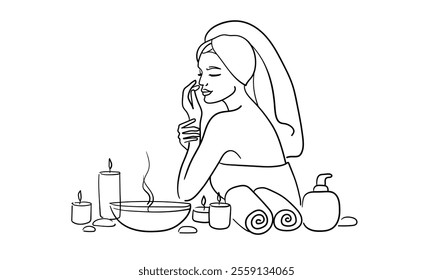Woman in spa salon continuous line art drawing isolated on white background. Self care and beauty. Vector illustration