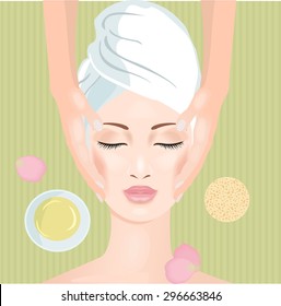 Woman in spa salon. Face massage.  Vector