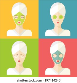 Woman in a spa salon. Facial care and mask. Beauty and health concept made in flat design. Vector illustration.