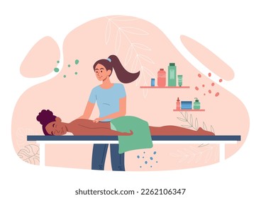 Woman in SPA salon. Specialist gives client back massage, taking care of health and skin. Recuperation after hard weeks work. Person relax in good atmosphere. Cartoon flat vector illustration