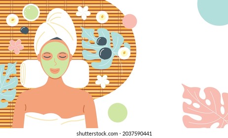 Una mujer en un salón de spa en un turbante con una máscara en la cara yace sobre una alfombra. El concepto de relajación, belleza y cuidado de la piel. Cartel con espacio para copiar. Ilustración de material vectorial. 