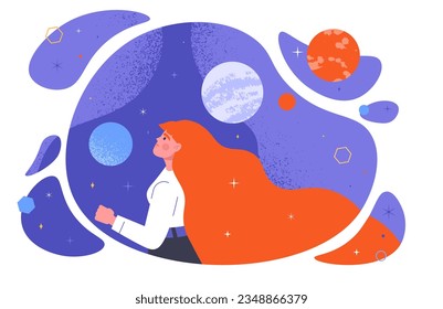 Woman in space concept. Imagination and fantasy, dreams. Young girl with night and starry sky. Galaxy and universe. Astrology and astronomy, space exploration. Cartoon flat vector illustration