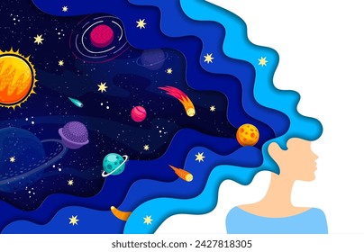 Frau mit Weltraumhaar, Papier geschnitten Banner mit Cartoon Galaxie Planeten, Vektor Hintergrund. Galaktisches Traum- oder Weltraum-Fantasy-Poster mit Frau und Papier geschnittenem Haar mit Kometen und Asteroiden im Sternenhimmel