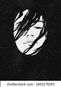 Woman in space. Night starry sky. Black white background