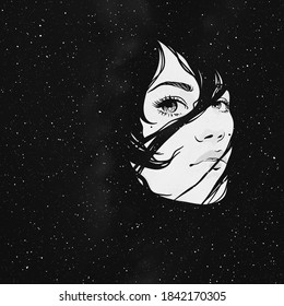 Woman in space. Night starry sky. Black white abstract background