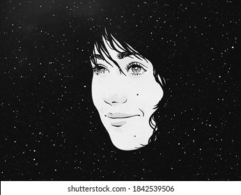 Woman in space. Night starry sky. Black white abstract background