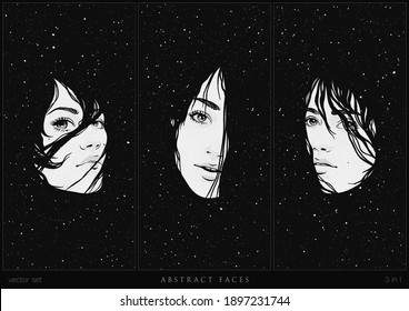 Woman in space. Night starry sky. Black white vertical background set