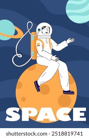 Cartel de mujer en el espacio. Chica joven en traje espacial sentado en el planeta. Astrología y astronomía. Universidad y galaxia. Viajes cósmicos y aventura. Ilustración vectorial lineal aislada sobre fondo azul