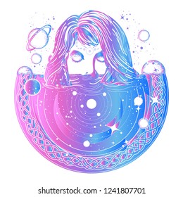 Woman in space tattoo art. Surreal girl sinks in universe. Symbol of magic, esoterics, astrology t-shirt design 