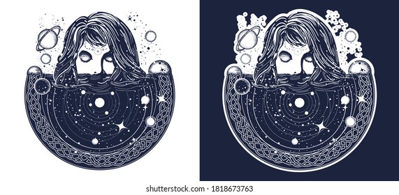 Woman in space tattoo art. Surreal woman sinks in universe. Symbol of magic, esoterics, astrology t-shirt design. Black and white vector graphics 