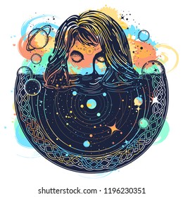 Woman in space tattoo art watercolor splashes style. Surreal girl sinks in universe. Symbol of magic, esoterics, astrology. Goodnes woman and galaxy t-shirt design 