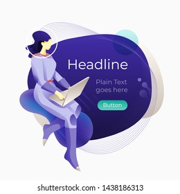 Woman in a spacesuit using a laptop over a modern abstract navy blue background. Vector template for web banners, media posts, advertises, marketing materials.   
