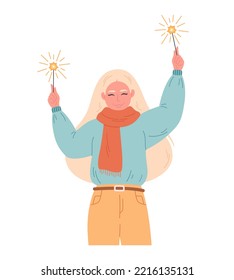 Woman with sparklers. Happy New Year, Merry Christmas, Happy Holidays. Winter time, winter fun. Hand drawn vector illustration