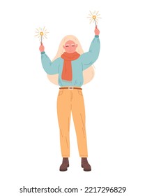 Woman with sparklers. Happy New Year, Merry Christmas, Happy Holidays. Winter time, winter fun. Hand drawn vector illustration