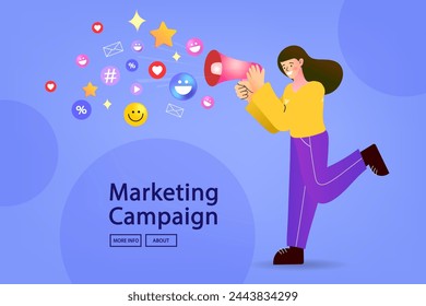 Woman speak on megaphone on social media. PR, public relation or marketing communication, advertising campaign or social media marketing. online promotion. Blogger promotion services and goods. vector