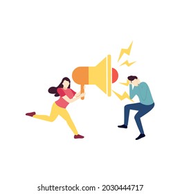 woman speak yelling via megaphone to a man people character flat design vector illustration