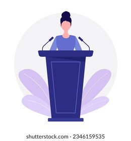 A woman speaker with a bun of hair speaking to the public on the podium. Vector illustration in flat style. Isolated on a white background.