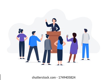 A woman speaker and a group of people listen to a speech. A speech from tribune with microphones. Female political character and electorate. Vector flat concept illustration.