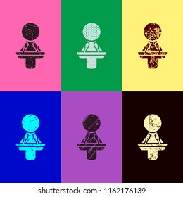 Woman speaker icon. Pop art style. Scratched icons on 6 colour backgrounds. 