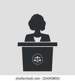 Woman speaker at justice tribune. Silhouette of politic or diplomat. Vector illustration