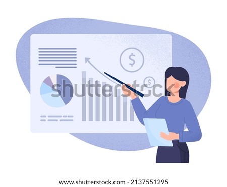 Woman speaker makes presentation. Young girl next to graphs and charts, employee of analytical department. Annual report, revenue growth and company development. Cartoon flat vector illustration