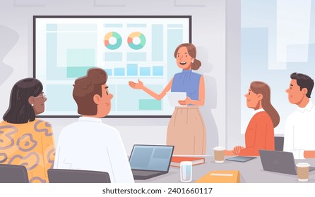 Woman speaker makes a report to company employees at a business meeting. Project presentation. Vector illustration in flat style