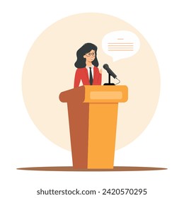 Woman Speaker at Podium with Microphones - Portraying Confidence, Leadership, and Public Speaking Prowess. Flat Vector Illustration 