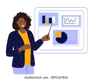 Woman speaker pointing to presentation on white board during business seminar. Office worker showing a report on a board with a pointer. Isolated flat  vector illustration of a woman on a flipchart