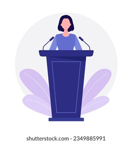 A woman speaker with short hair speaks to the public on the podium. Vector illustration in flat style. Isolated on a white background.