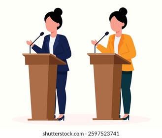 woman speaker  speaking to the public on the podium. illustration