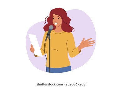 Woman speaker speaks publicly, standing near microphone and reading own poetry for audience. Girl speaker with smile rehearses solo stand-up program with jokes and funny stories from life