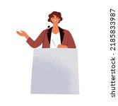Woman speaker talking behind rostrum with microphone. Official person during public speech, communication. Happy politician speaking at tribune. Flat vector illustration isolated on white background