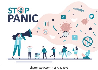 Woman speaker use megaphone. Media and social networks talk about spread of virus and disease. Video blog, Covid-19 Infodemic concept. People panic. News about viral infection pandemic. Trendy vector