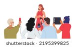 Woman Speaking to Audience, during Press Conference Isolated on White Background. Journalists or Press Media Workers Characters with Microphones, Photo and Video Cameras. Cartoon Vector Illustration