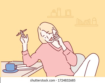 Woman speaking by mobile phone in room. Hand drawn style vector design illustrations.