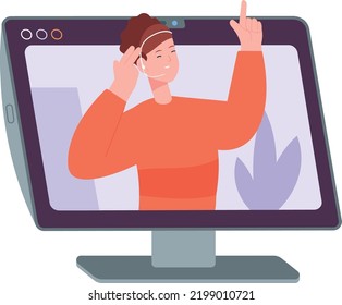 Woman speaking from computer screen. Video call icon isolated on white background