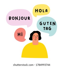 Mujer hablando en diferentes idiomas. Concepto bilingüe. Ilustración vectorial dibujada a mano sobre fondo blanco.