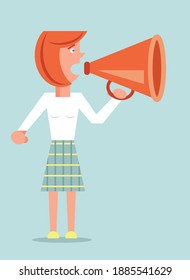 Woman speaking into loudspeaker or megaphone