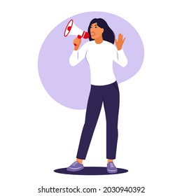 La mujer está hablando en un megáfono. Anuncio, concepto de advertencia. Ilustración vectorial. Plano.