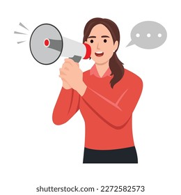 Woman is speaking into a megaphone. Announcement, warning concept. Flat vector illustration isolated on white background