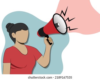 woman speaking into a megaphone calling, vector cartoon illustration