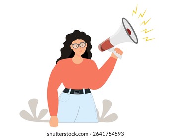 A woman speaking into a megaphone, communication, marketing message, advertising strategy, media or announcement information, flat vector illustration