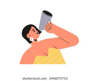 Mujer hablando con el altavoz en la mano. Personaje feliz anunciando, gritando fuerte, publicidad, llamando, sosteniendo megáfono, megáfono. Ilustración vectorial gráfica plana aislada sobre fondo blanco