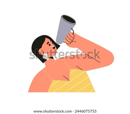 Woman speaking with loudspeaker in hand. Happy character announcing, shouting loud, advertising, calling, holding megaphone, bullhorn. Flat graphic vector illustration isolated on white background