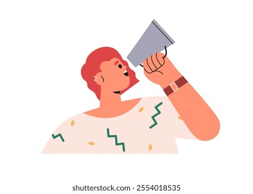 Woman speaking with megaphone. Happy announcement, message with loudspeaker, bullhorn. Female character holding loud speaker, sound amplifier. Flat vector illustration isolated on white background