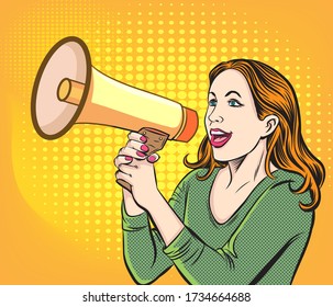 A woman speaking at megaphone. Pop art retro illustration comic style vector.

