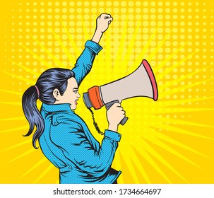 A woman speaking at megaphone. Pop art retro illustration comic style vector.

