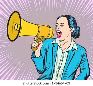 A woman speaking at megaphone. Pop art retro illustration comic style vector.

